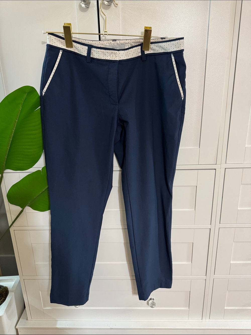 Lady Hagen Navy Cropped Ponte Pants with Polka-Dot Trim
